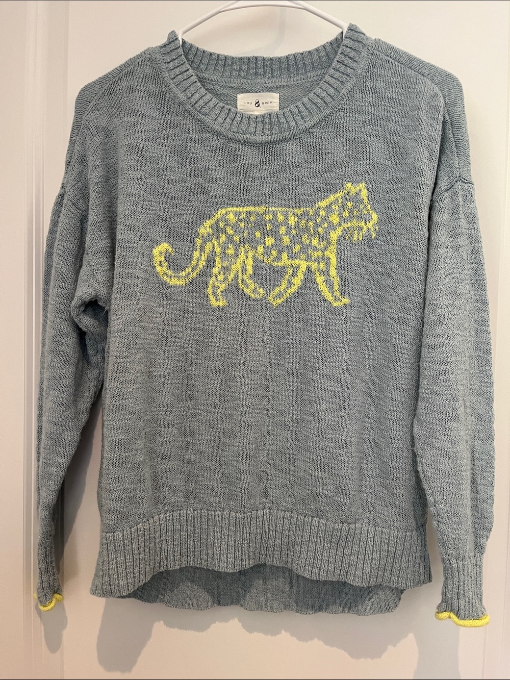 Lou & Grey Light Blue Crewneck Sweater with Yellow Leopard
